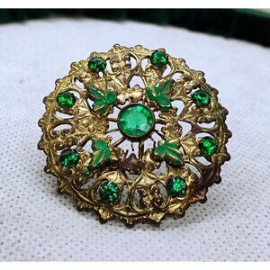 Vintage Gold-Tone Filigree Brooch With Green Rhinestones & Clover Motif 1.5"